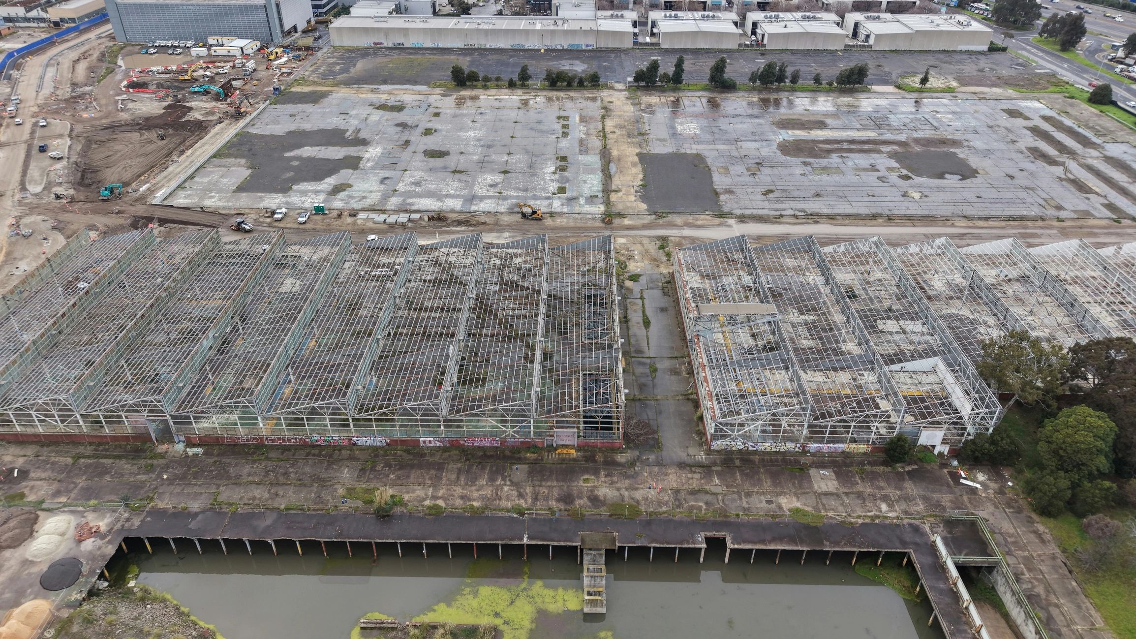 Exposed steel structural frame at an industrial building