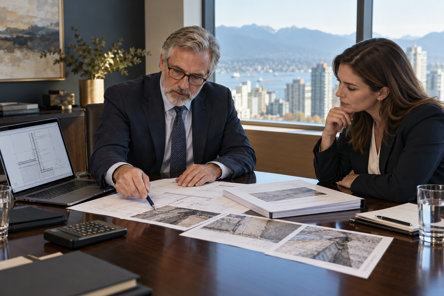 Forensic engineering expert reviewing technical evidence with legal counsel.
