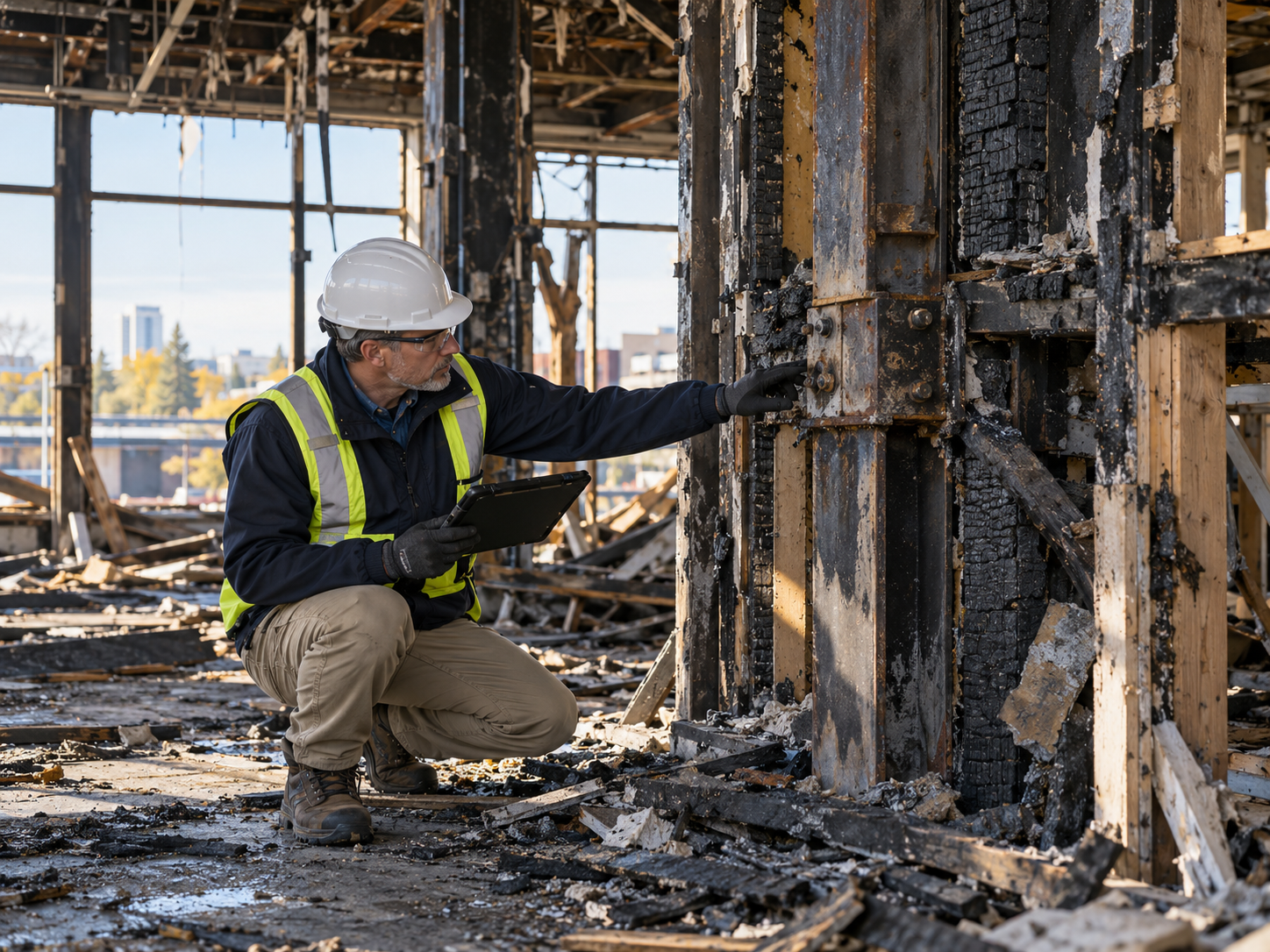 Forensic fire investigator documenting fire damage and burn patterns.